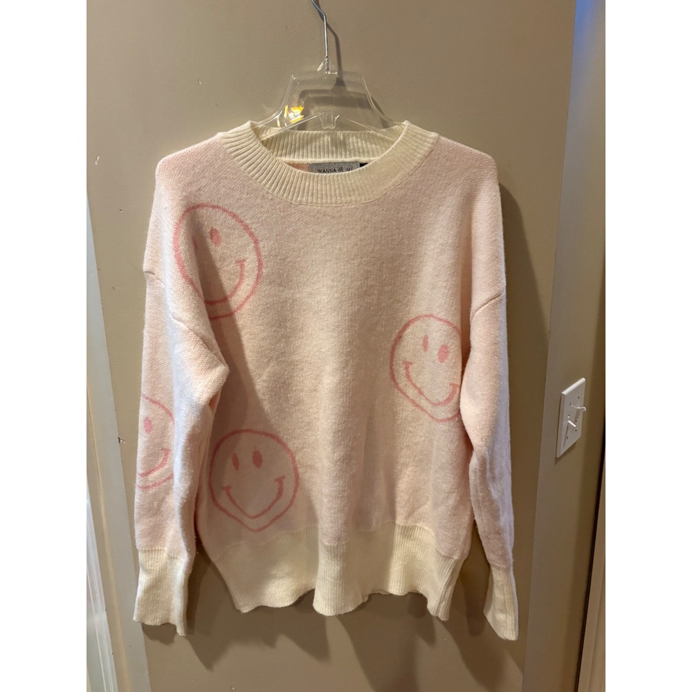 Wanna B Me Pink‎ Smiley Face Cream Knit Pullover Sweater WK3672 Womens Large